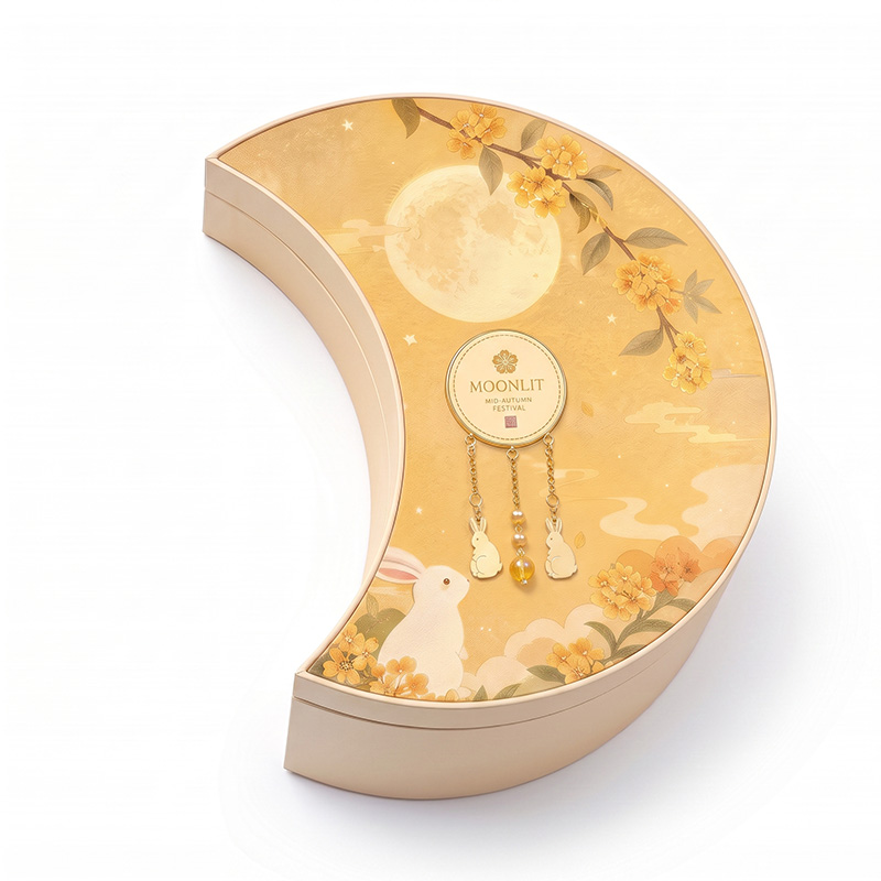 Boîte d'emballage de mooncake en forme de croissant de luxe vue de dessus avec des glands à chaîne dorée