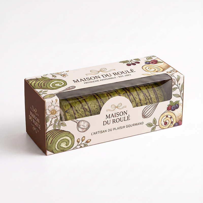 Kuchen verpackung mit einem transparenten Fenster für die Produkt anzeige.