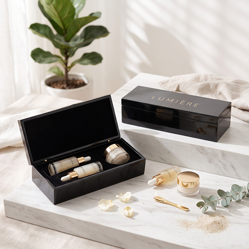Open lid and base skin care box with custom black velvet inserts