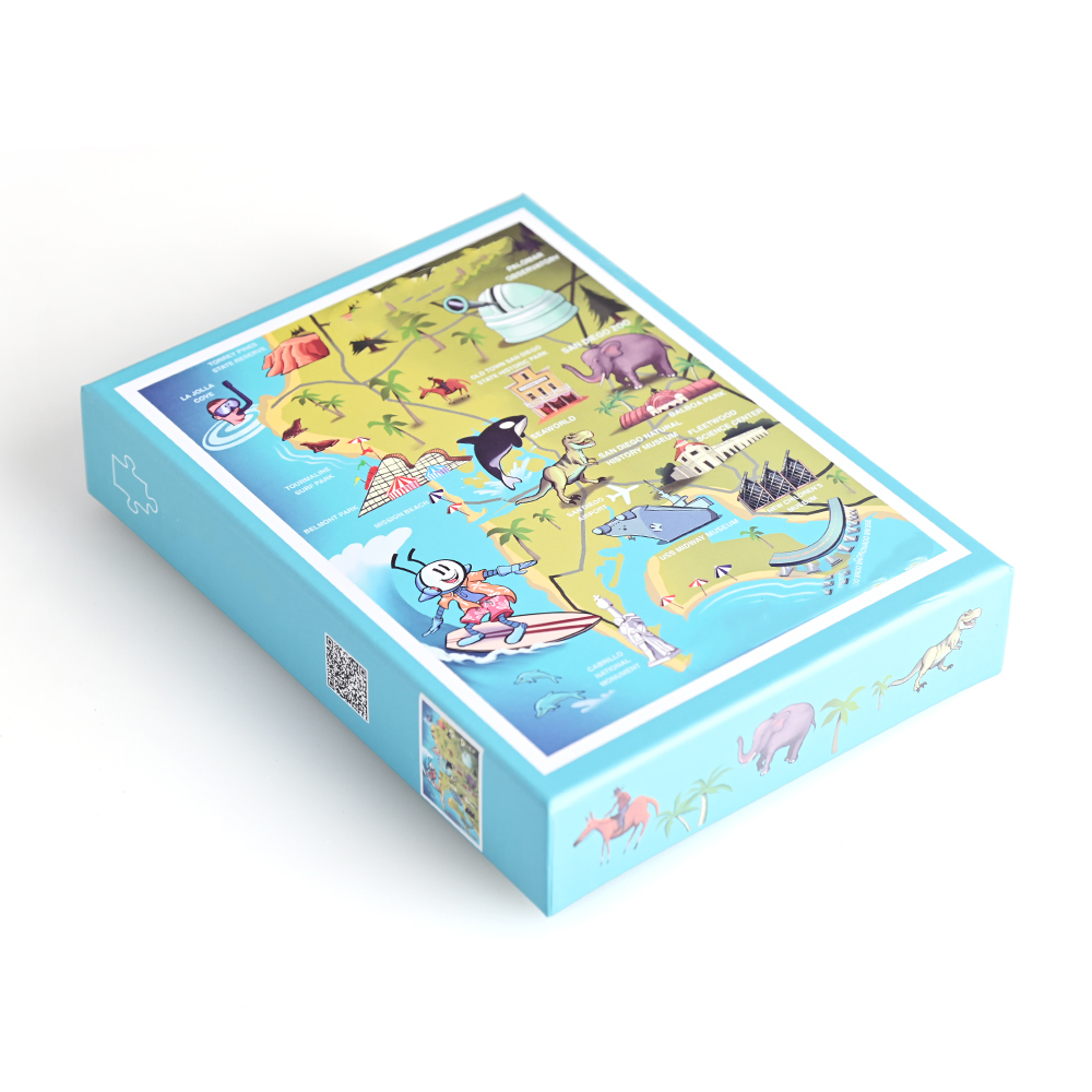 Individuelle pädagogische Karte Puzzle starre Box flach liegend mit detailliertem Seiten druck und QR-Code
