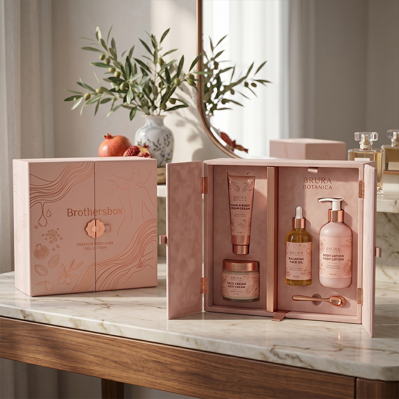 Cajas de regalo de lujo para el cuidado del cuerpo que se muestran en un tocador de baño de mármol con ramas de olivo fresco.