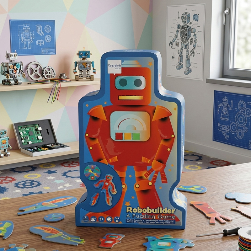 مجموعة ألعاب لوح الألغاز على طاولة خشبية في إعداد غرفة اللعب ذات الطابع الآلي.