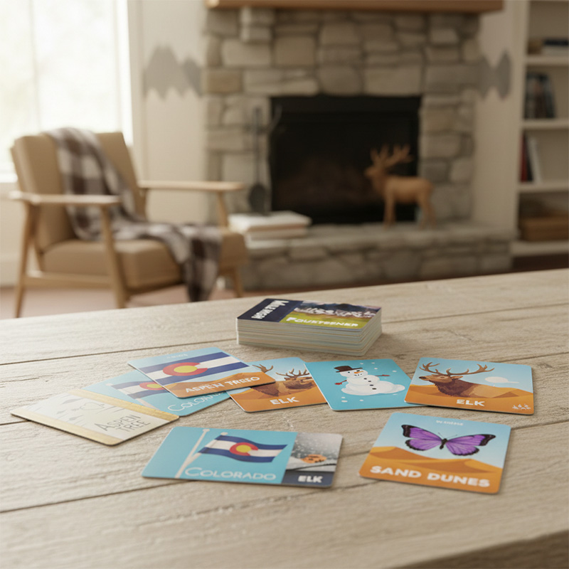 Compact and portable educational card game for family travel and classroom learning.