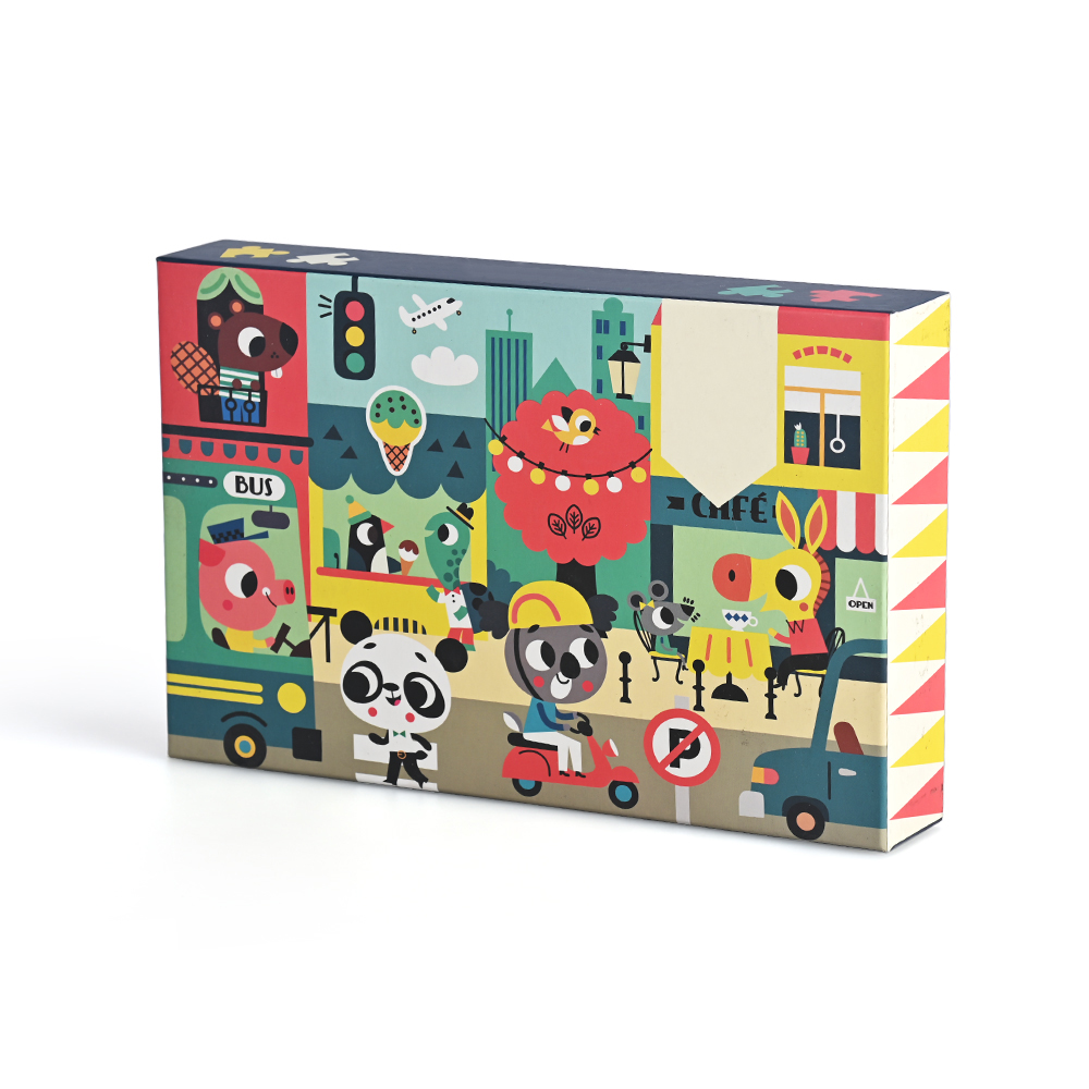 Brothersbox rompecabezas educativo de alta calidad para niños con coloridos personajes de animales en una escena de la ciudad.