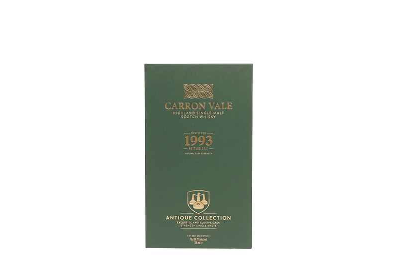 Front view of a customized dark green wood wine storage box with gold foil stamping for luxury whisky.