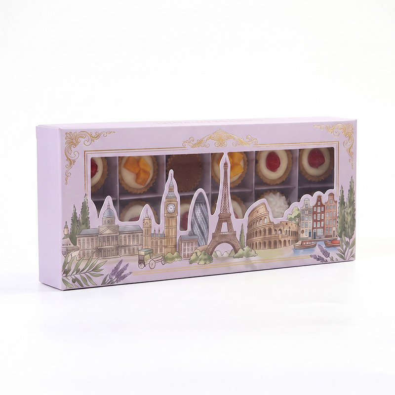 Perspective view of rectangular paper cake box with clear PVC window showing fruit tarts