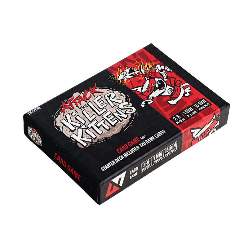 Retail packaging of Attack of the Killer Kittens card game for multiplayers.