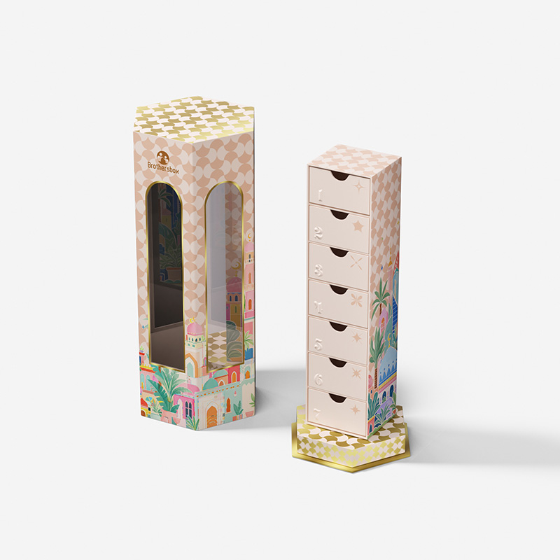 Caja de cuenta regresiva de vacaciones de 7 días personalizada al por mayor con cubierta exterior hexagonal separada y torre de cajón vertical de 7 capas.