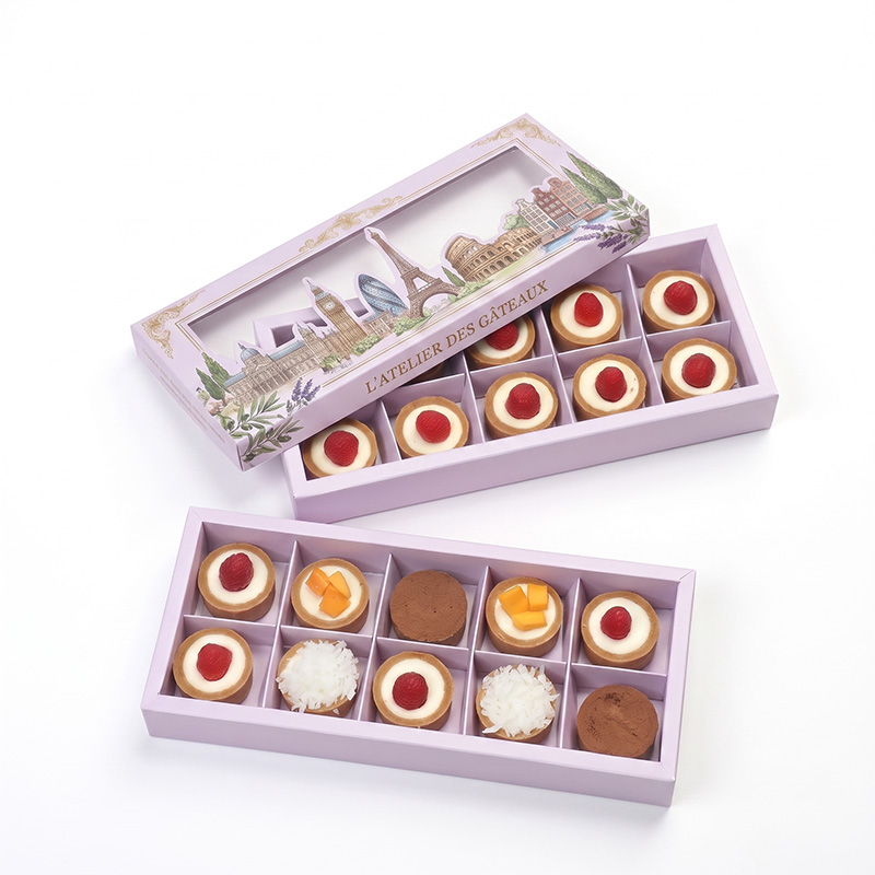 Custom paper cake box with internal partition insert and clear window lid