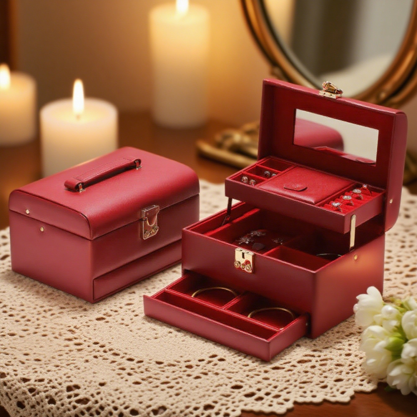 The image showcases two red leather jewelry boxes placed on a delicate lace tablecloth. The box on the right is open, revealing its multi