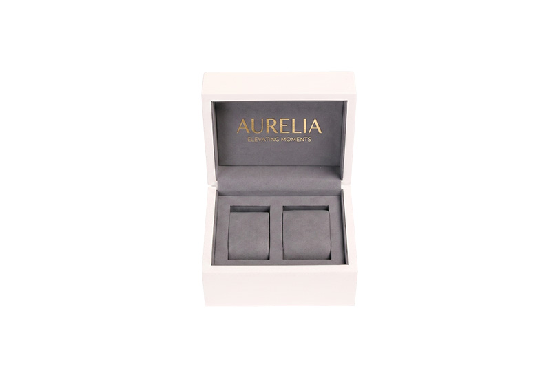 Open two-slots white wooden watch storage box with grey suede lining