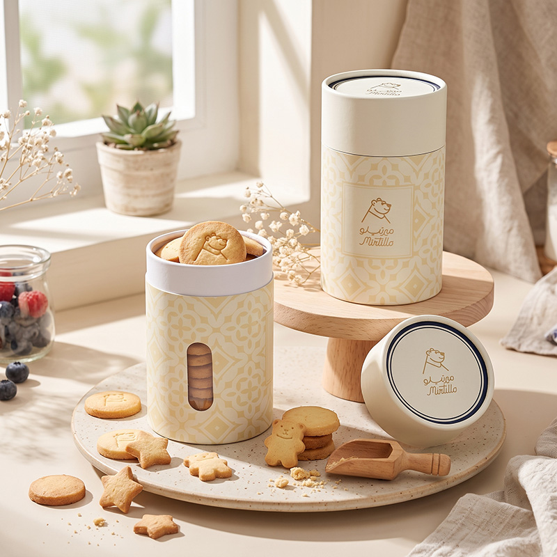 Paper tube cookie boxes with transparent window filled with bear shaped cookies on a table