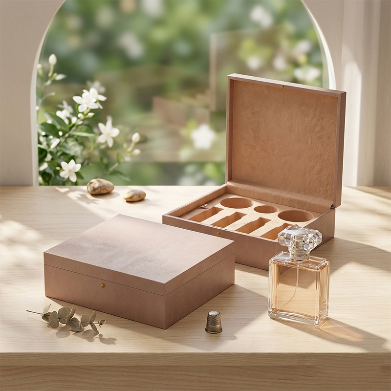 Cena ensolarada com conjuntos de caixas de perfume personalizadas Brothersbox (um fechado, um aberto mostrando a inserção), um grande frasco de fragrância de vidro e elementos naturais decorativos.