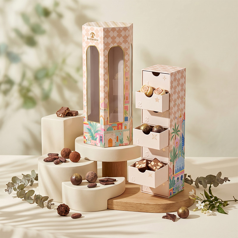 Exklusive 7-tägige Adventskalender-Schokoladengeschenkbox von Brothersbox, stilvoll präsentiert mit Gourmet-Trüffeln und botanischem Dekor.