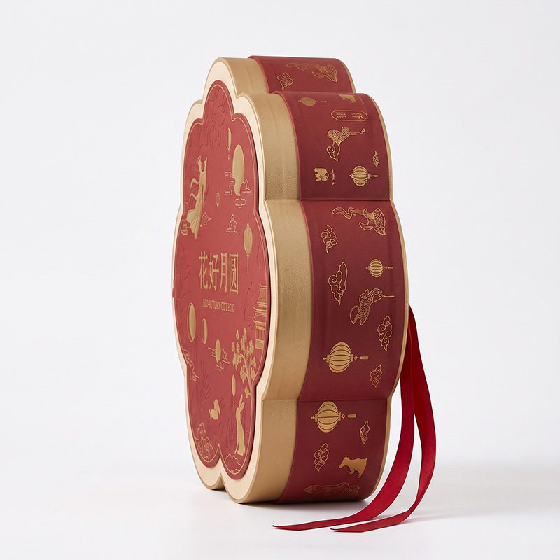 赤いラッピングに連続金箔パターンを表示するBrothersbox花型月餅ボックスの側面