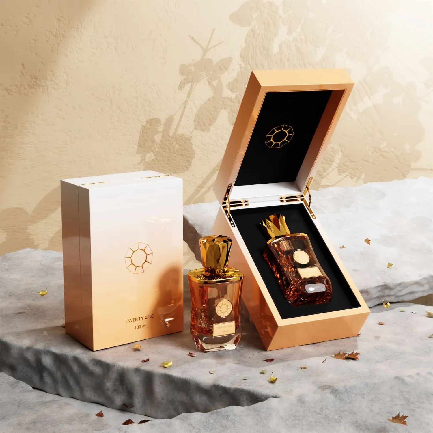 A lacquered wooden perfume box, shown open to reveal a single perfume bottle