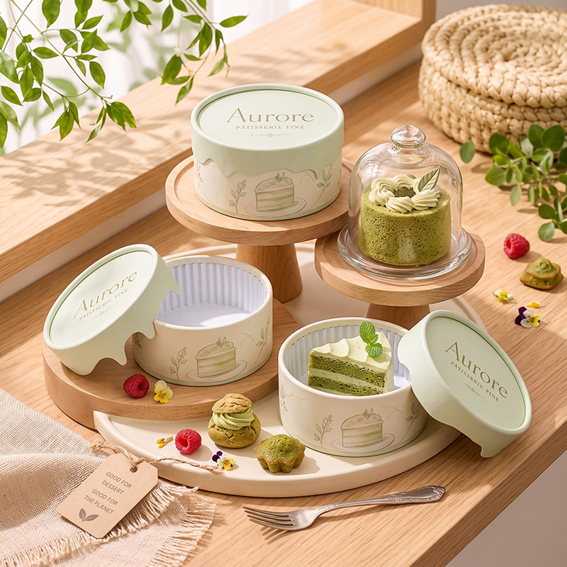 Styled scene with custom logo cake boxes, fresh matcha pastries, berries, and a vintage fork.
