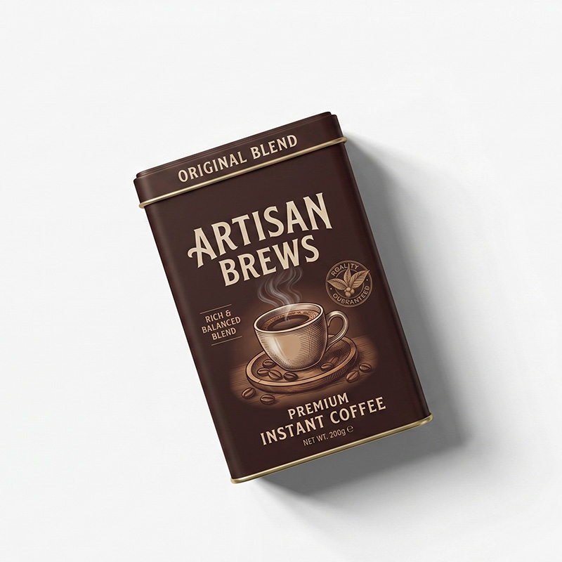 Rectangular coffee tin box with attached hinged lid in brown vintage design