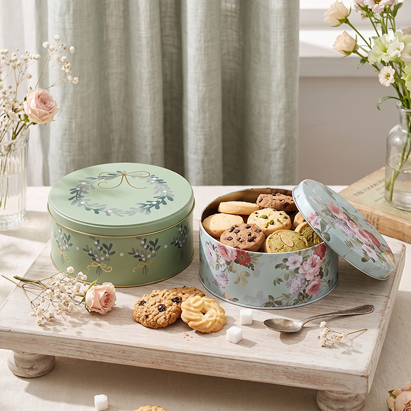 Lifestyle display of vintage round tin cookie gift boxes filled with assorted cookies on a wooden tray