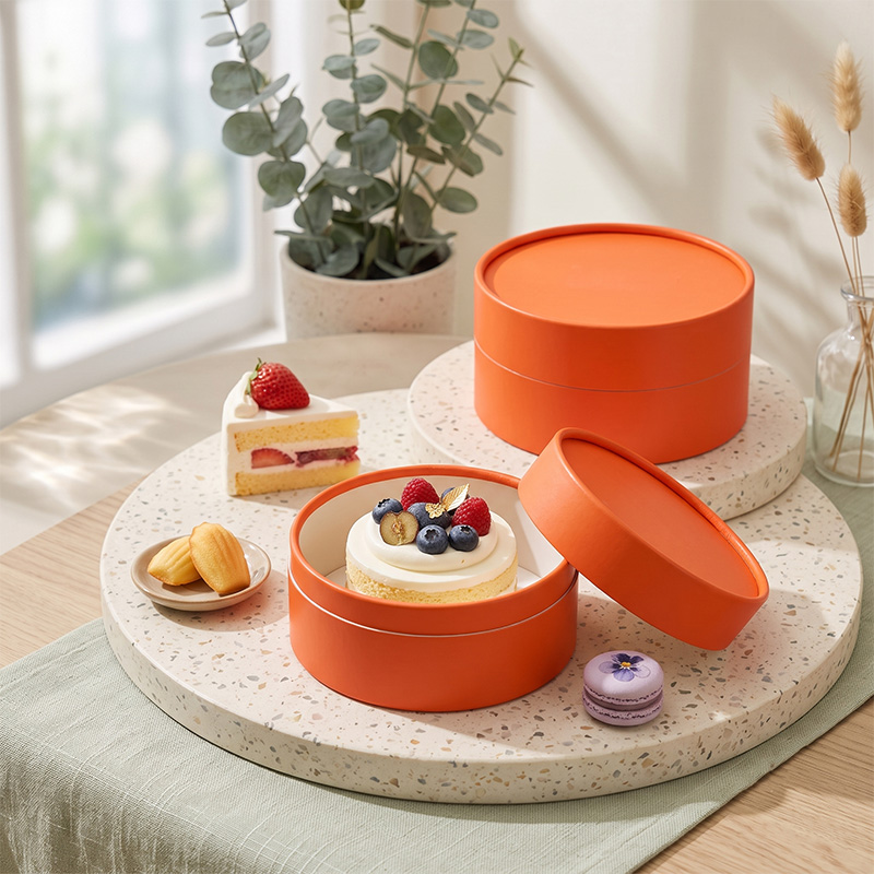Premium orange round cake boxes used for luxury dessert packaging by Brothersbox