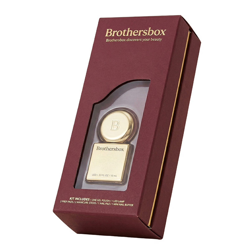 Premium marron boîtes de vernis à ongles en gros avec fenêtre transparente et feuille d'or Brothersbox logo.