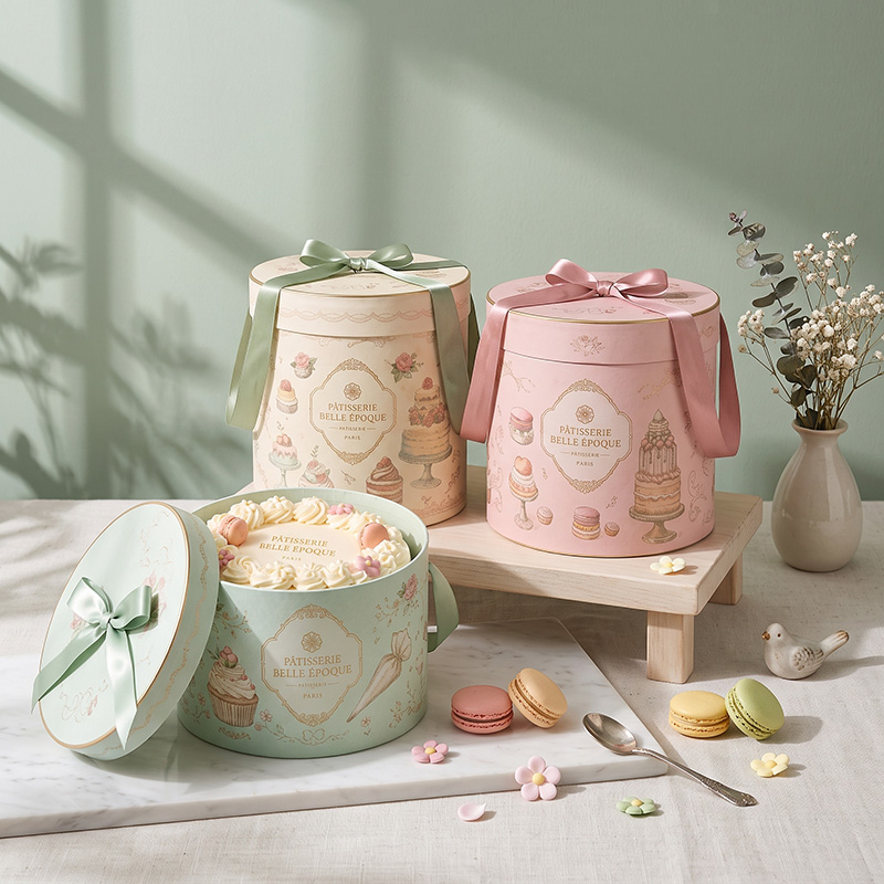 Caixas de bolo de papel cilíndricas de estilo francês em uma padaria de luxo com macarons e decoração floral