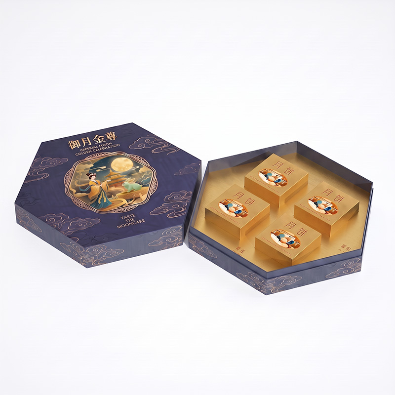 Geöffnete sechseckige Mooncake-Box mit goldenem Innen tablett und kleinen Fächern