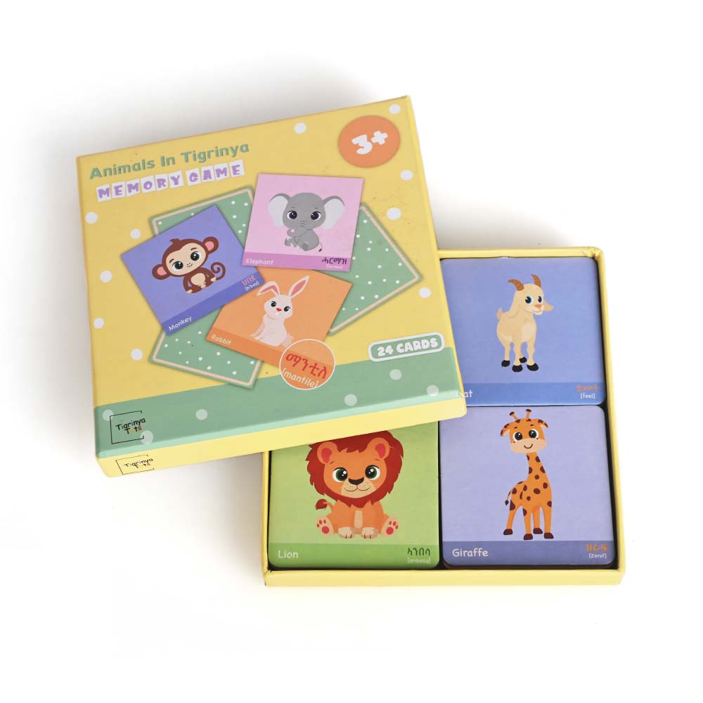 Caixa de jogo de correspondência animal educacional com tema amarelo com ilustrações de elefante e coelho de macaco.