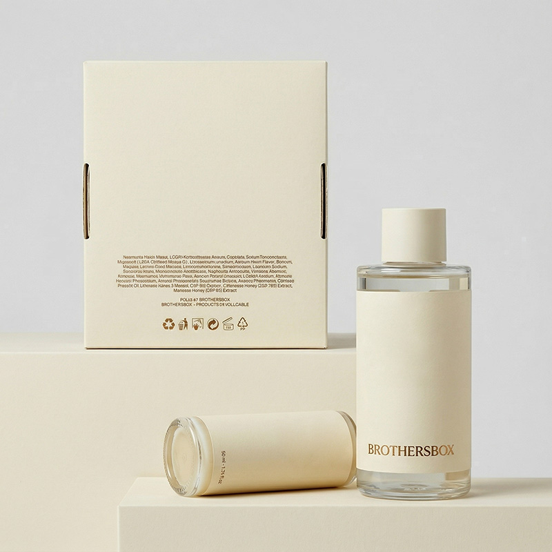 Rückseite einer benutzer definierten Haarpflege-Mailer-Box mit Recycling-und umwelt freundlichen Symbolen.