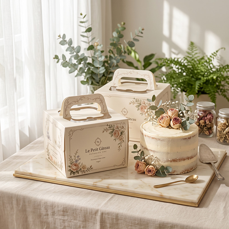 Elegante caixa de presente de padaria configuração de estilo de vida para bolos de casamento e pastelaria gourmet