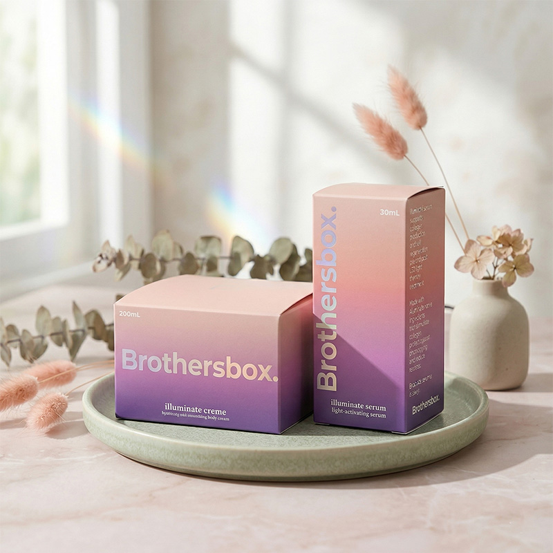 Brothersbox caixas de cuidados com a pele dobrável holográfico personalizado para soro e creme em uma bandeja