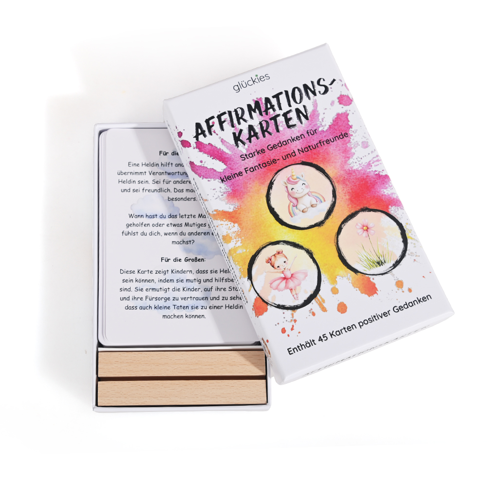 Open box view of children's flash cards set with wooden base