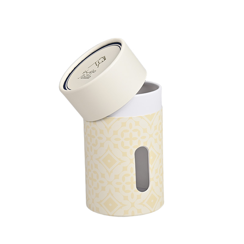 Paper tube packaging with lid partially open revealing the inside cylinder