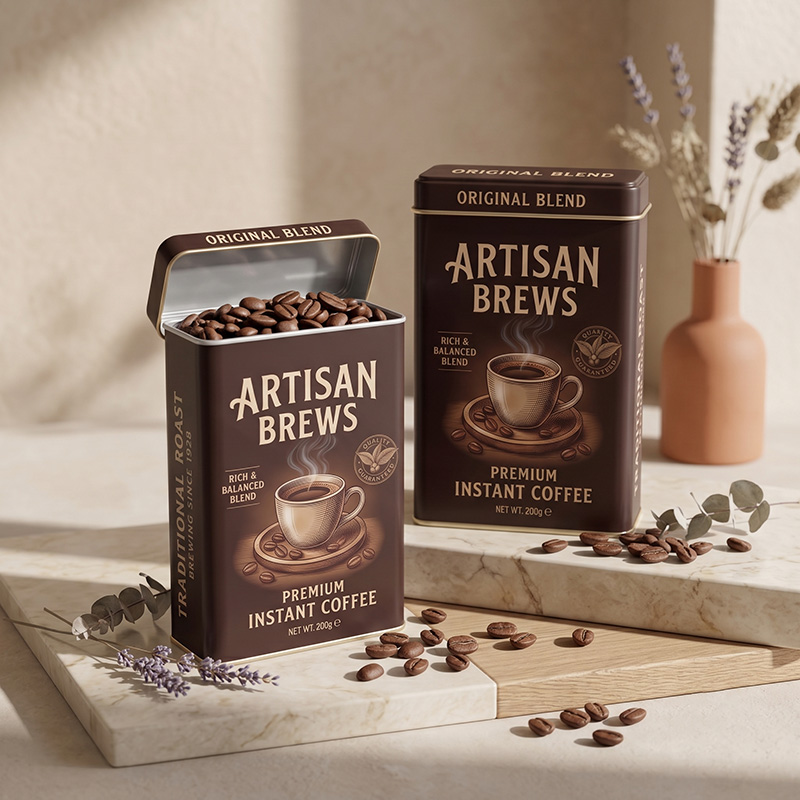 Two rectangular coffee tin boxes on marble display, one open filled with coffee beans
