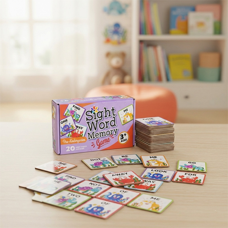 Pre-kindergarten sight word memory game cards scattered on wooden table