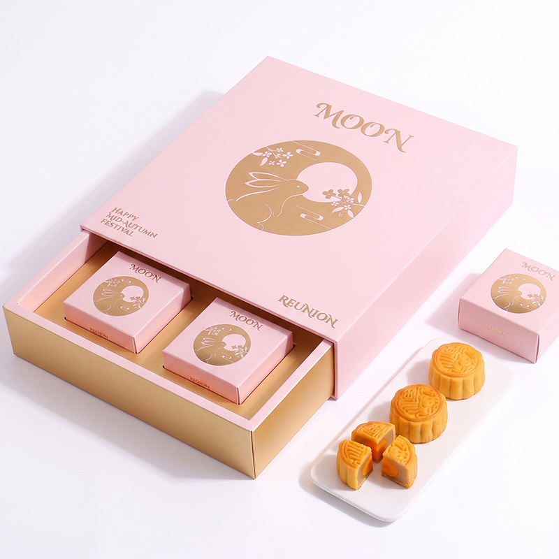Mooncake-Geschenk box im rosa Schubladen stil mit goldenem Innen tablett mit kleinen Kisten