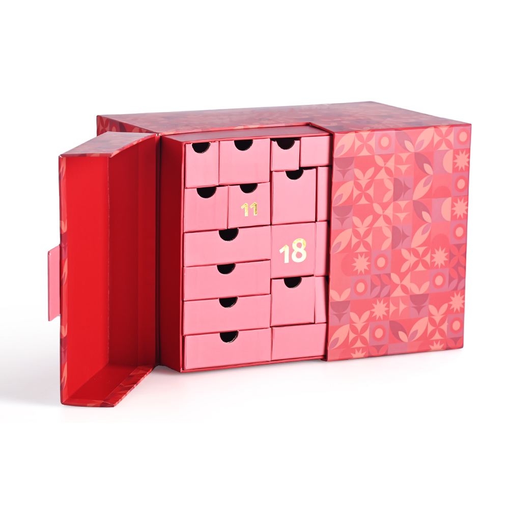 Vibrant Red Advent Calendar Box with Custom Drawers