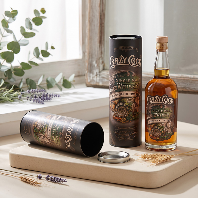 Lifestyle shot of custom tube wine packaging boxes with a whisky bottle