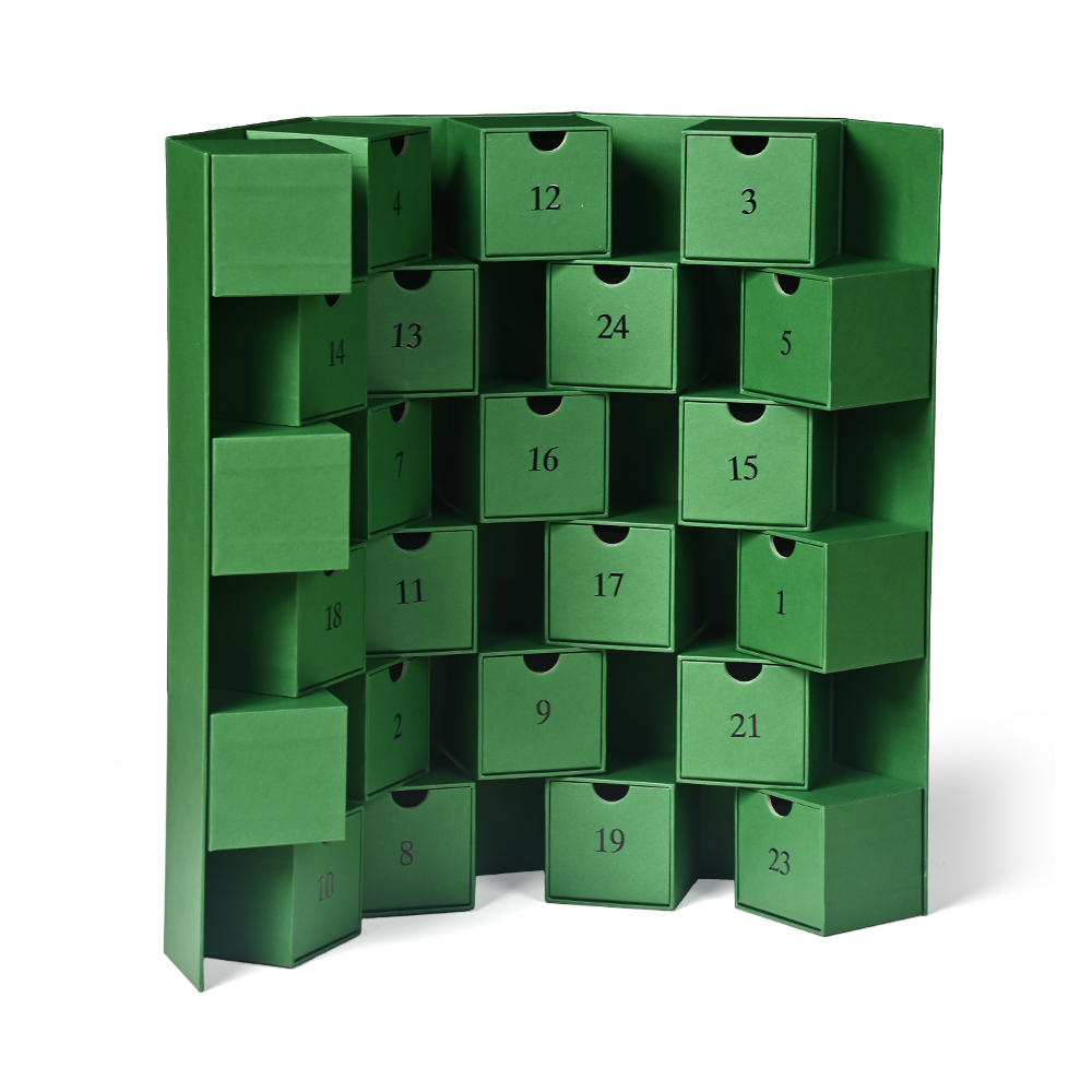 Green multi-panel foldable advent calendar box with 24 countdown drawers