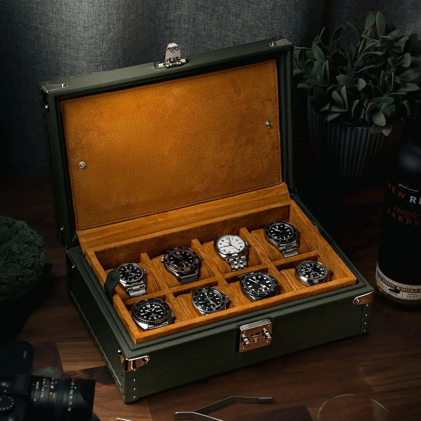 Luxury Dark Green Leather Watch Box with Silver Lock