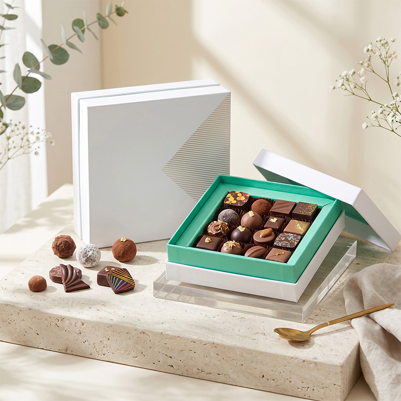 Minimalistisch-designte, formschwere Geschenkboxen von Brothersbox, gefüllt mit edlen, von Hand gefertigten Pralinen, auf einem eleganten Ausstellungstisch.