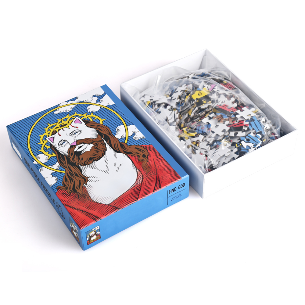 Inside look of custom puzzle box with 500 pieces securely packed in a plastic bag.