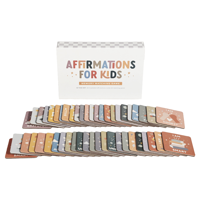 A set of 48 illustrated affirmation cards with 24 matching pairs for kids.