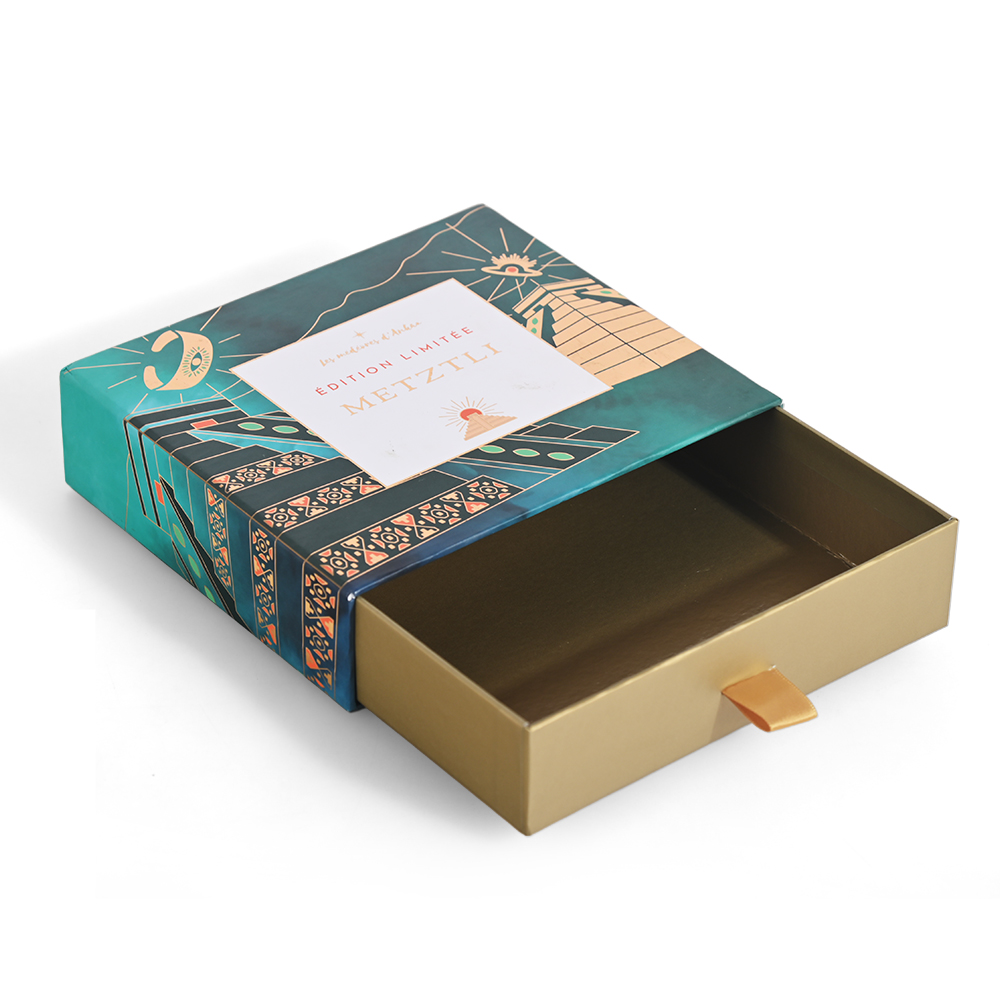 Caja de cajón de joyería personalizada parcialmente abierta, interior de oro metálico brillante