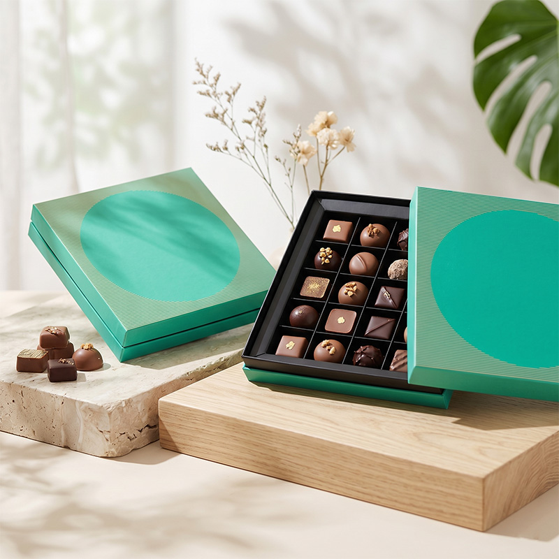 Hochwertige mintgrüne Schokoladenverpackungsboxen als Lifestyle-Auslage mit assortierten Trüffeln