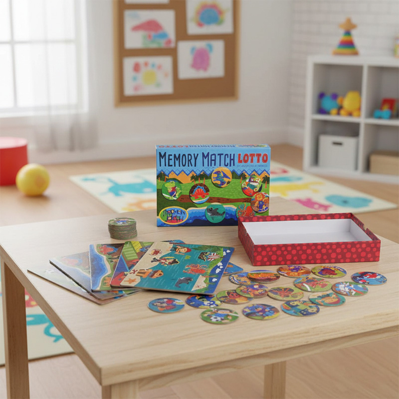 Jeu de match de mémoire pour enfants étalé sur une table en bois