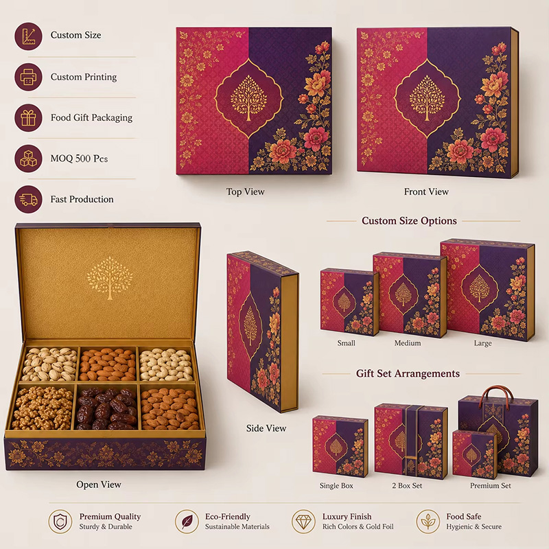 Multiple views and custom size options for premium food gift packaging boxes including small, medium, and large.