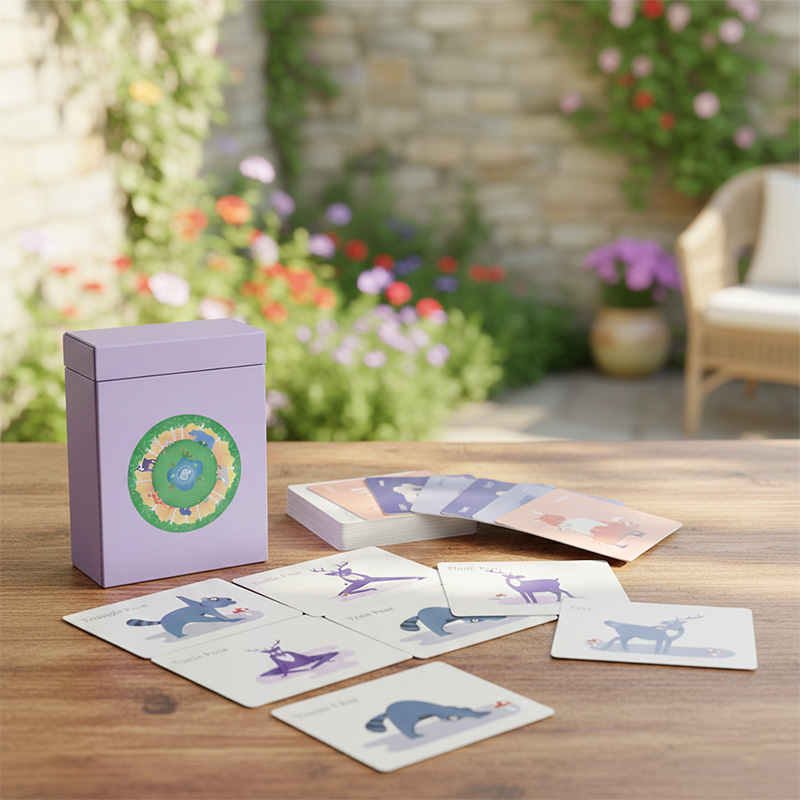 صندوق صلب بنفسجي مطبوع حسب الطلب لبطاقات اليوجا للأطفال مع شعار دائري لحيوانات الغابة.
