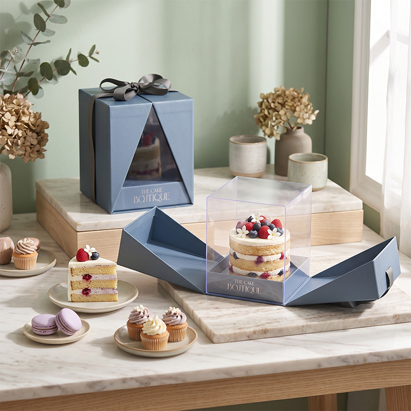 Elegant lifestyle display of a blue double-door cake box showcasing a fresh berry layered cake on a marble table.