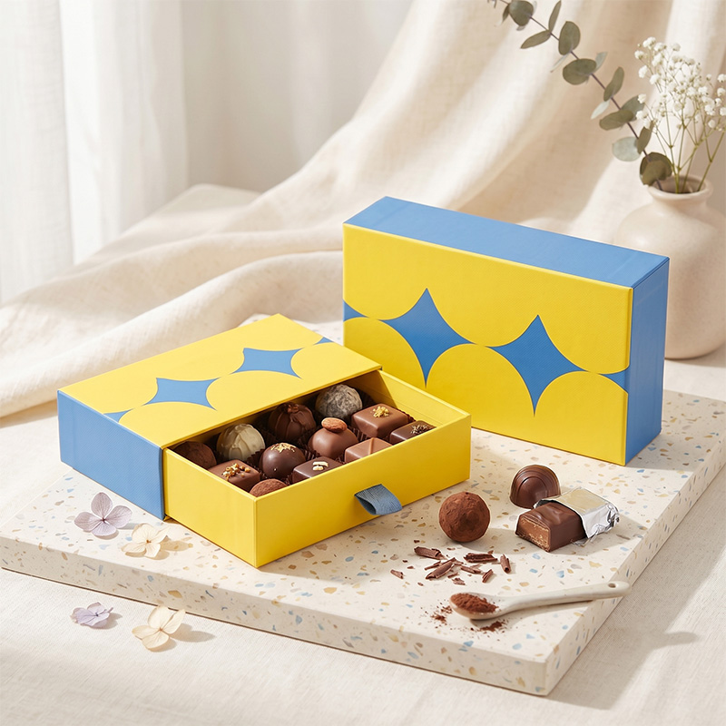 Brothersboxのモダンな引き出し包装箱内のさまざまな高級チョコレートトリュフのライフスタイル製品写真。